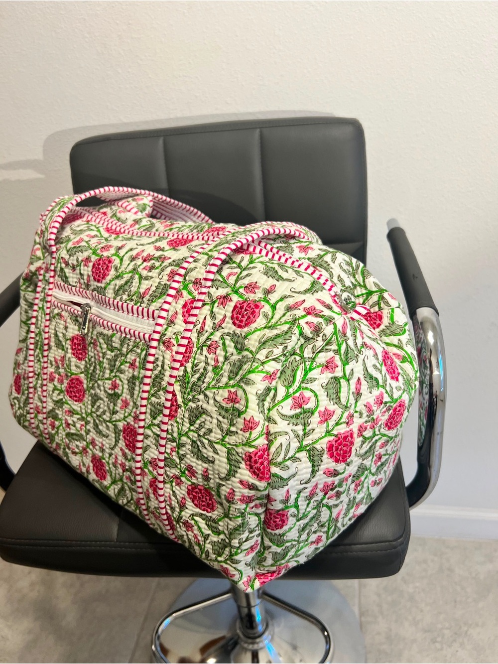 Quilted Floral Weekender Bag in Pink and Green